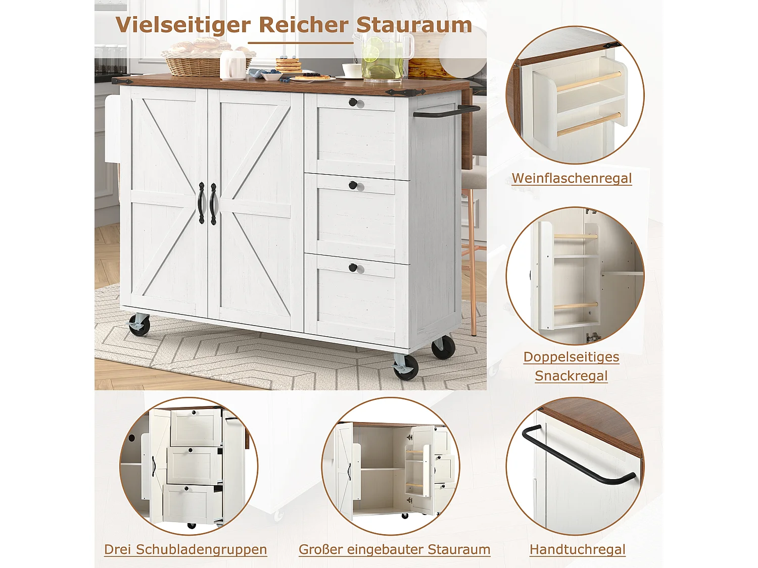 Isola cucina mobile centrale con 2 ante e 3 cassetti - piano allungabile - 140 x 45/73 x 92,5 cm - Legno MDF + metallo - Bianco + naturale