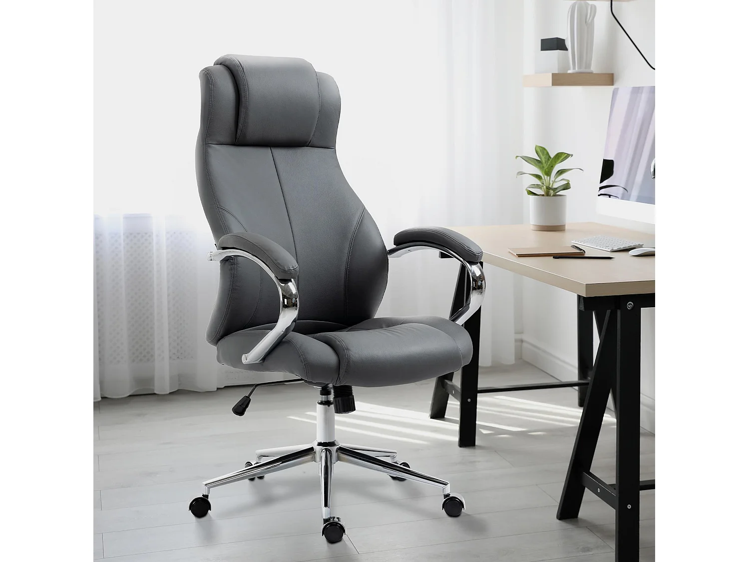 Chaise de bureau - Véritable cuir & Noir - Gris - Salford