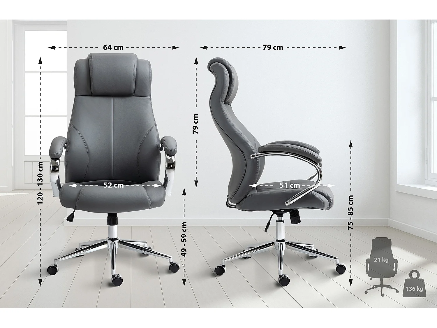 Chaise de bureau - Véritable cuir & Noir - Gris - Salford