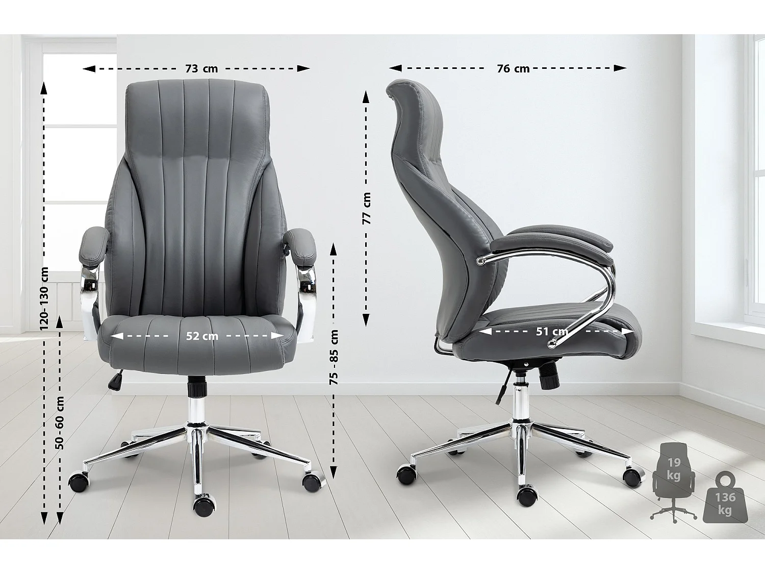 Chaise de bureau - Véritable cuir & Métal chromé - Gris - Wigan