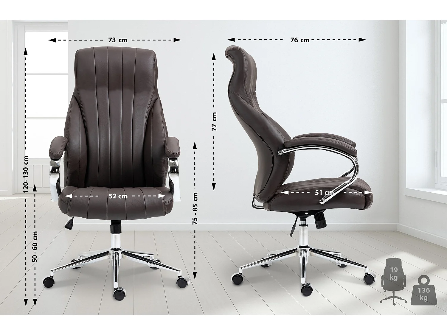 Chaise de bureau - Véritable cuir & Métal chromé - Marron - Wigan