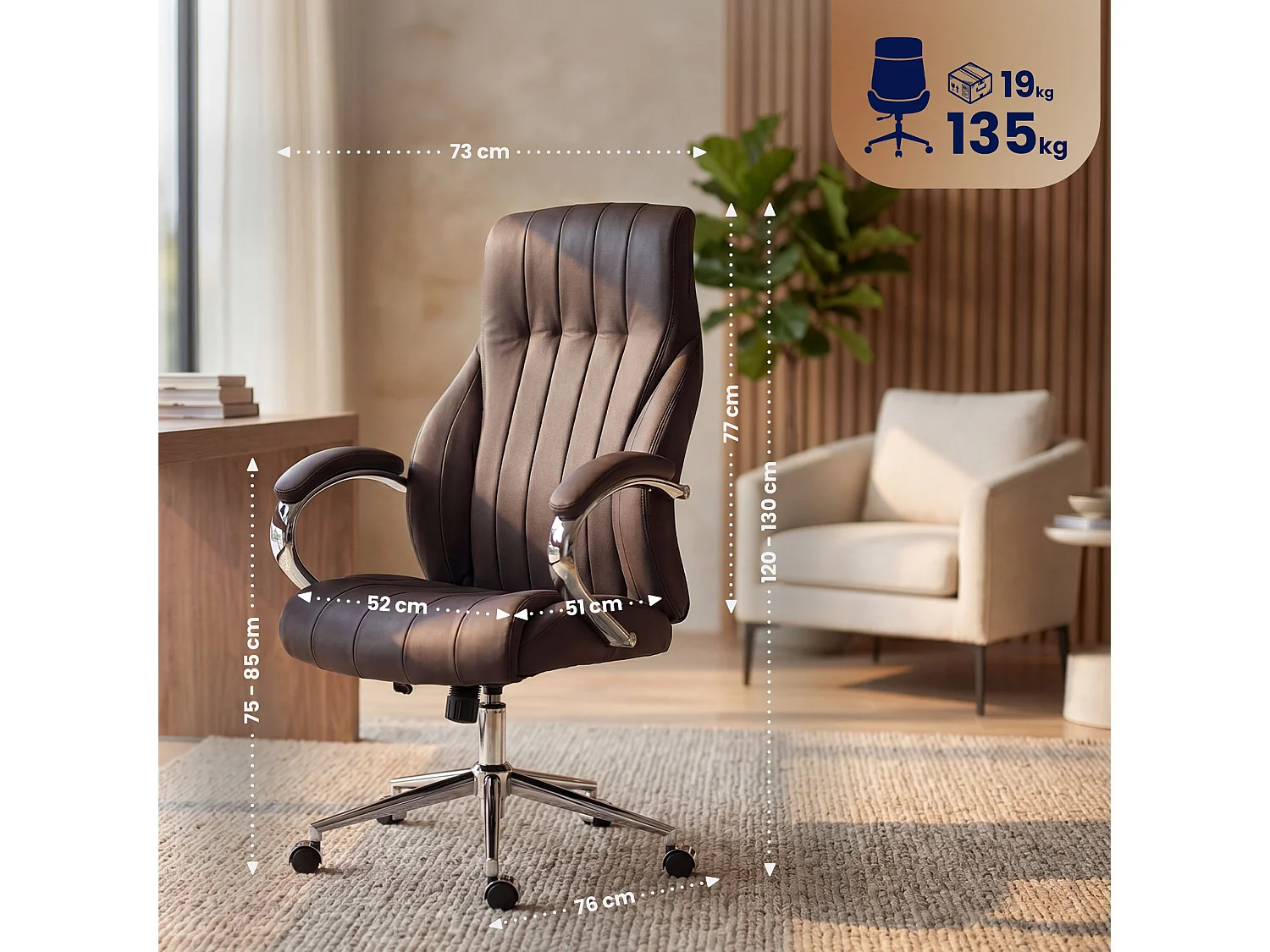 Chaise de bureau - Véritable cuir & Nature - Marron - Wigan