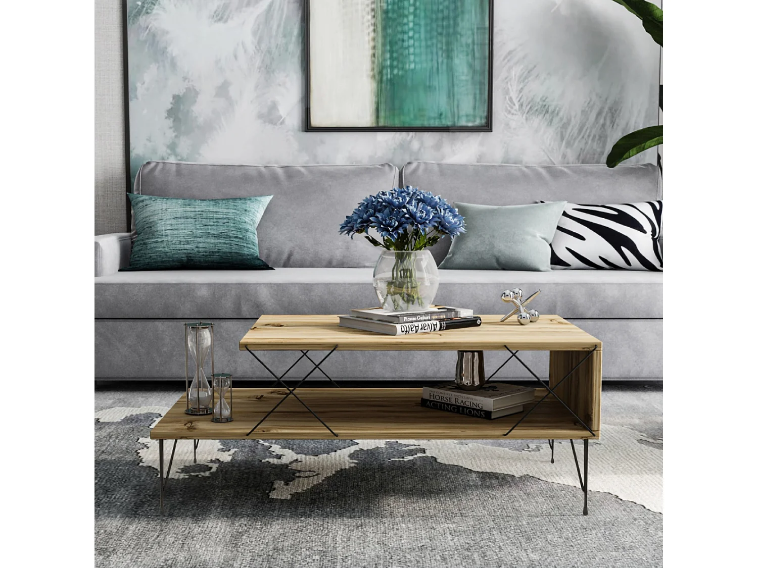Mesa de Centro design BODEN Carvalho Metal Preto Com Arrumação