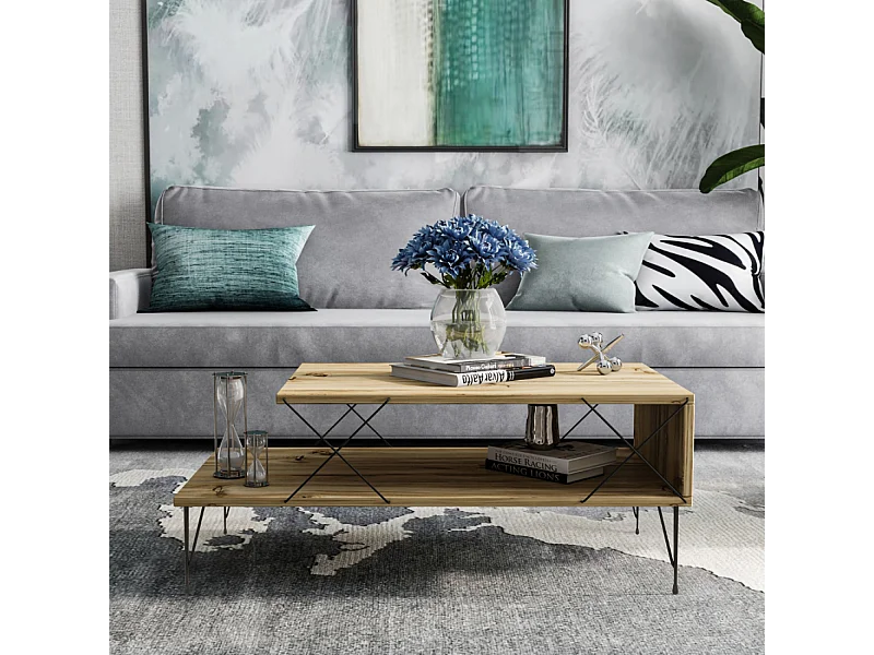 Design Salontafel BODEN Eiken Zwart Metaal Met Opbergruimte