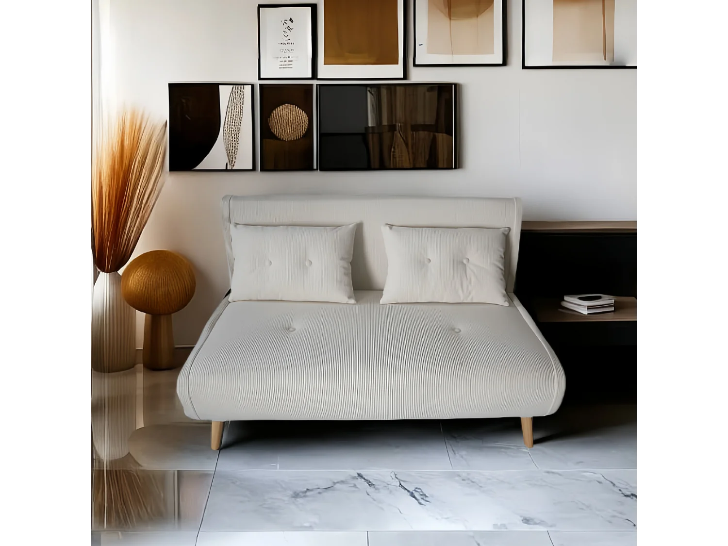 Canapé convertible en velours côtelé beige 2 places ENNIS