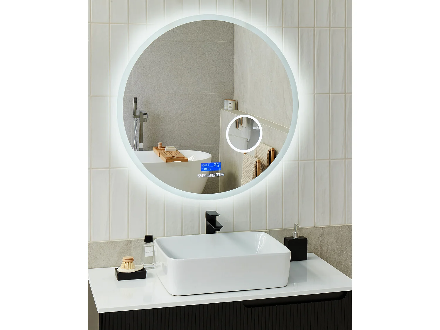 Miroir de salle de bain LED FIXIN 80 cm 80 cm Avec haut-parleur Bluetooth intégré Argenté