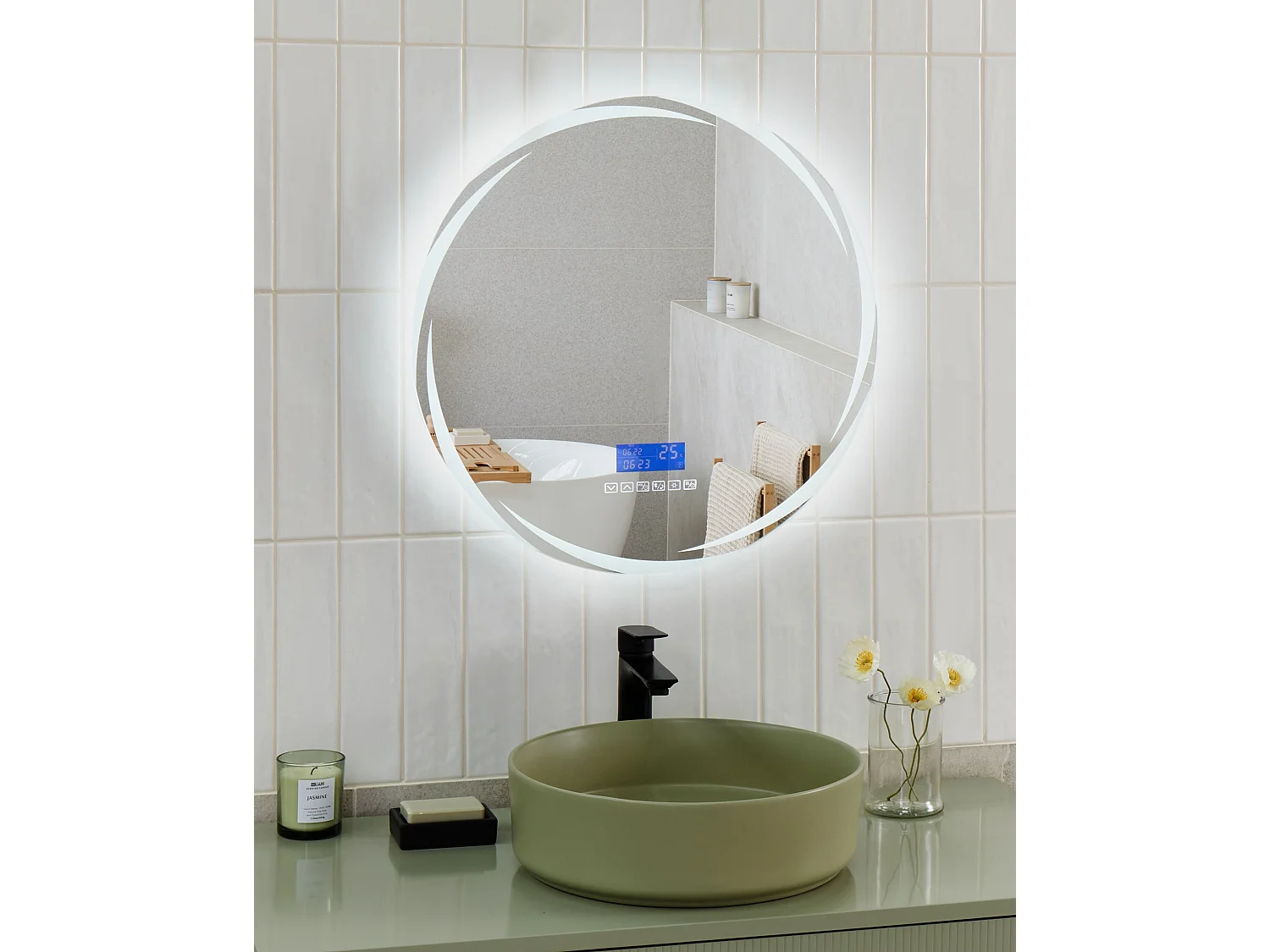 Miroir de salle de bain LED TANAY 60 cm 60 cm Avec haut-parleur Bluetooth intégré Argenté