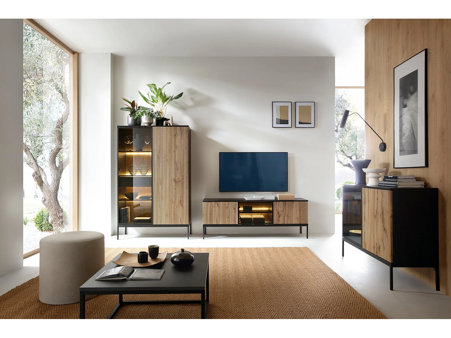 Buffet à deux portes avec éclairage LED - 104 cm - Noir/Chêne Wotan- TOSENA