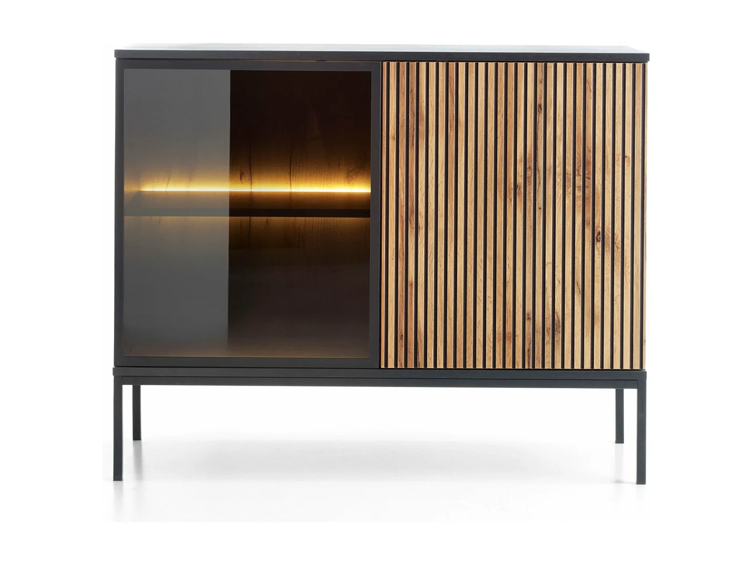 Buffet à deux portes avec éclairage LED - 104 cm - Noir/Chêne Wotan- TOSENA