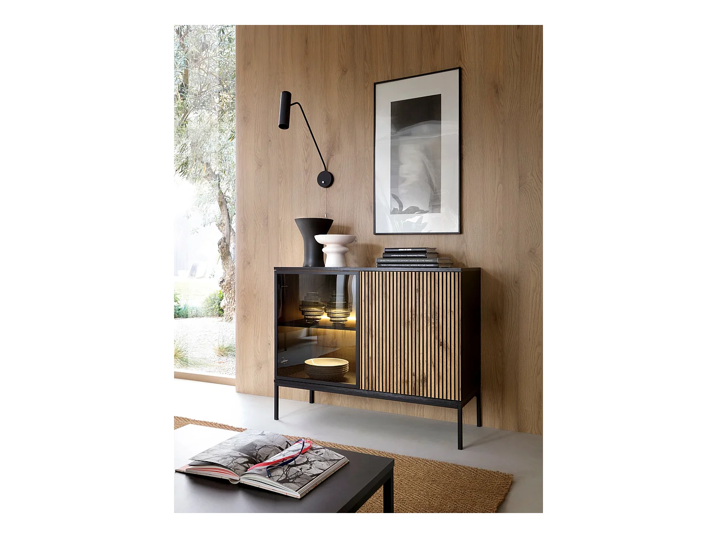 Buffet à deux portes avec éclairage LED - 104 cm - Noir/Chêne Wotan- TOSENA