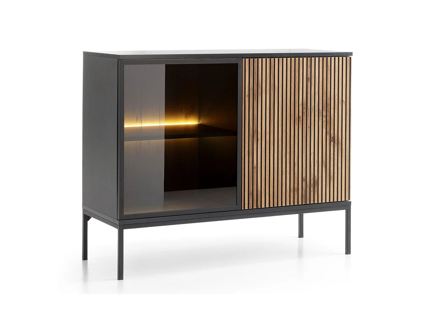 Dressoir met twee deuren en ledverlichting - 104 cm - Zwart/Wotan Eiken - TOSENA