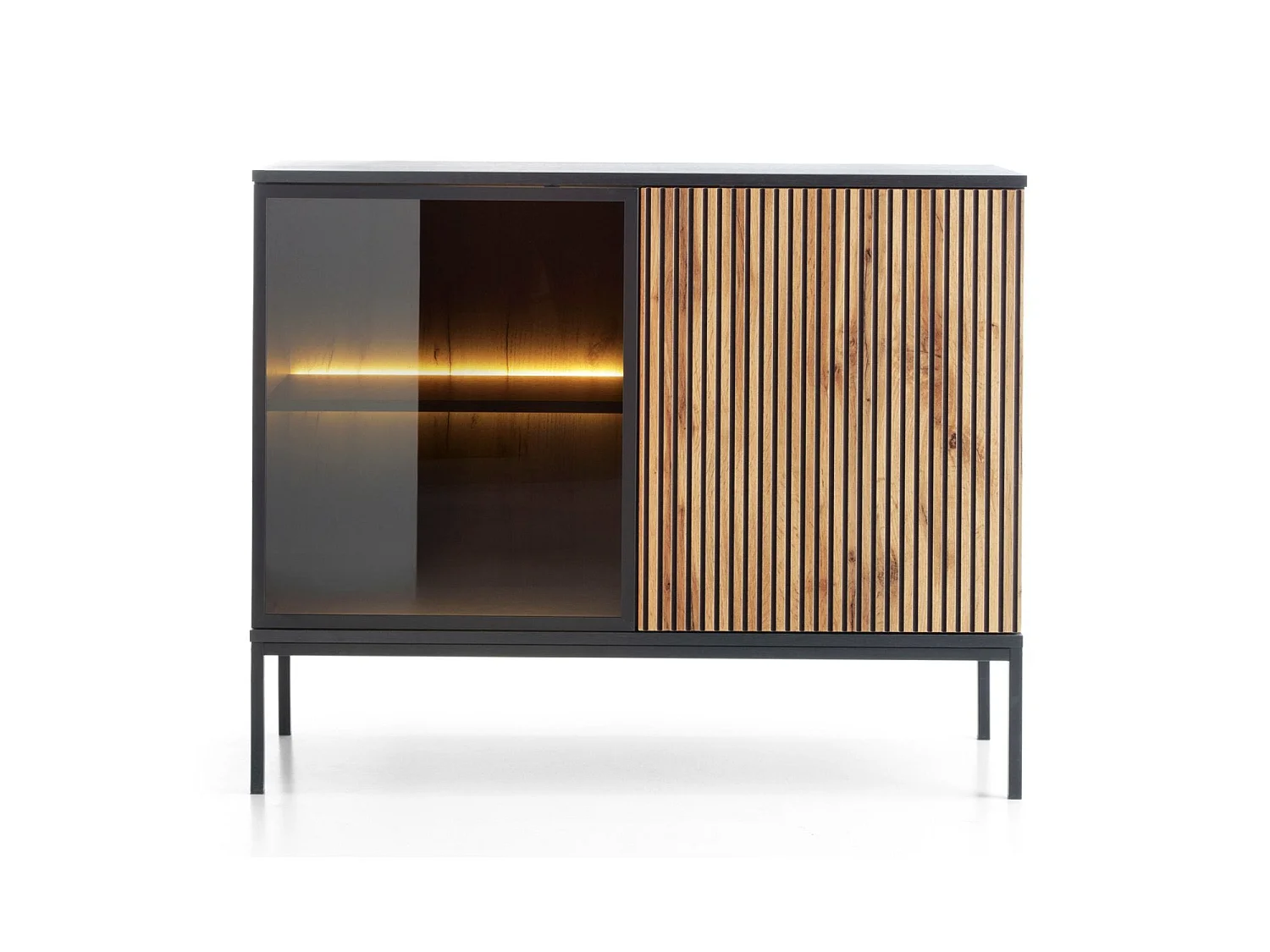 Dressoir met twee deuren en ledverlichting - 104 cm - Zwart/Wotan Eiken - TOSENA