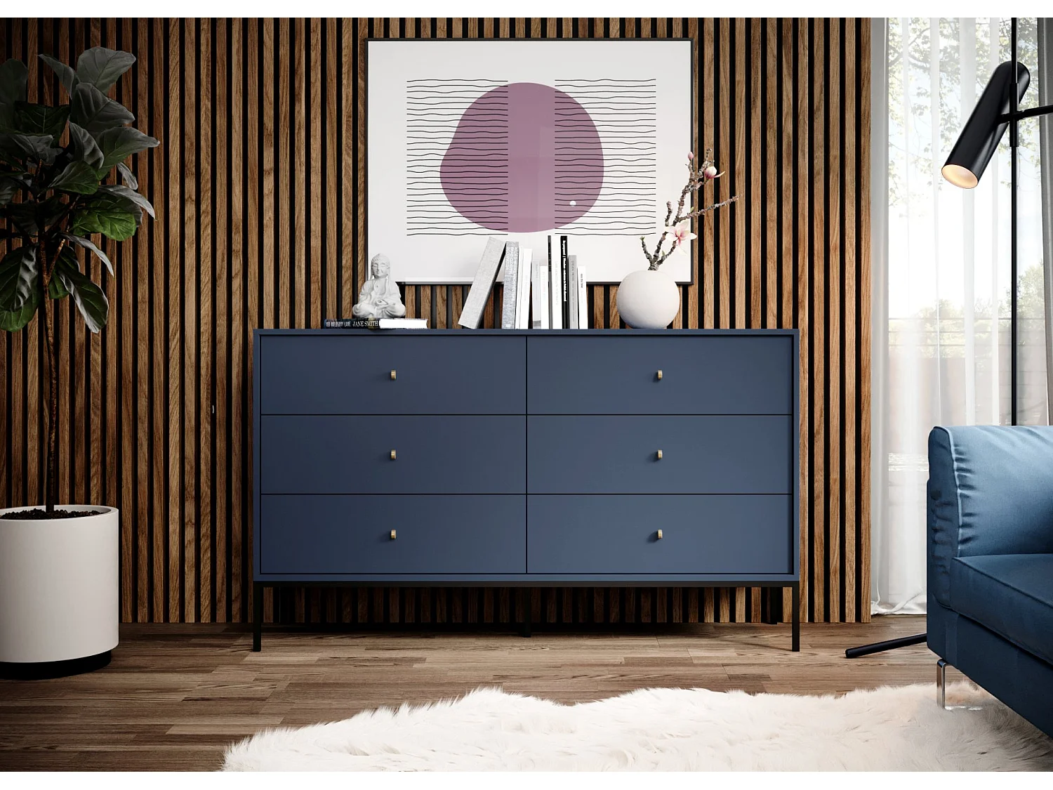 Kommode mit 6 Schubladen - Dunkelblau mit Metallbeinen - 154 cm - MONNE