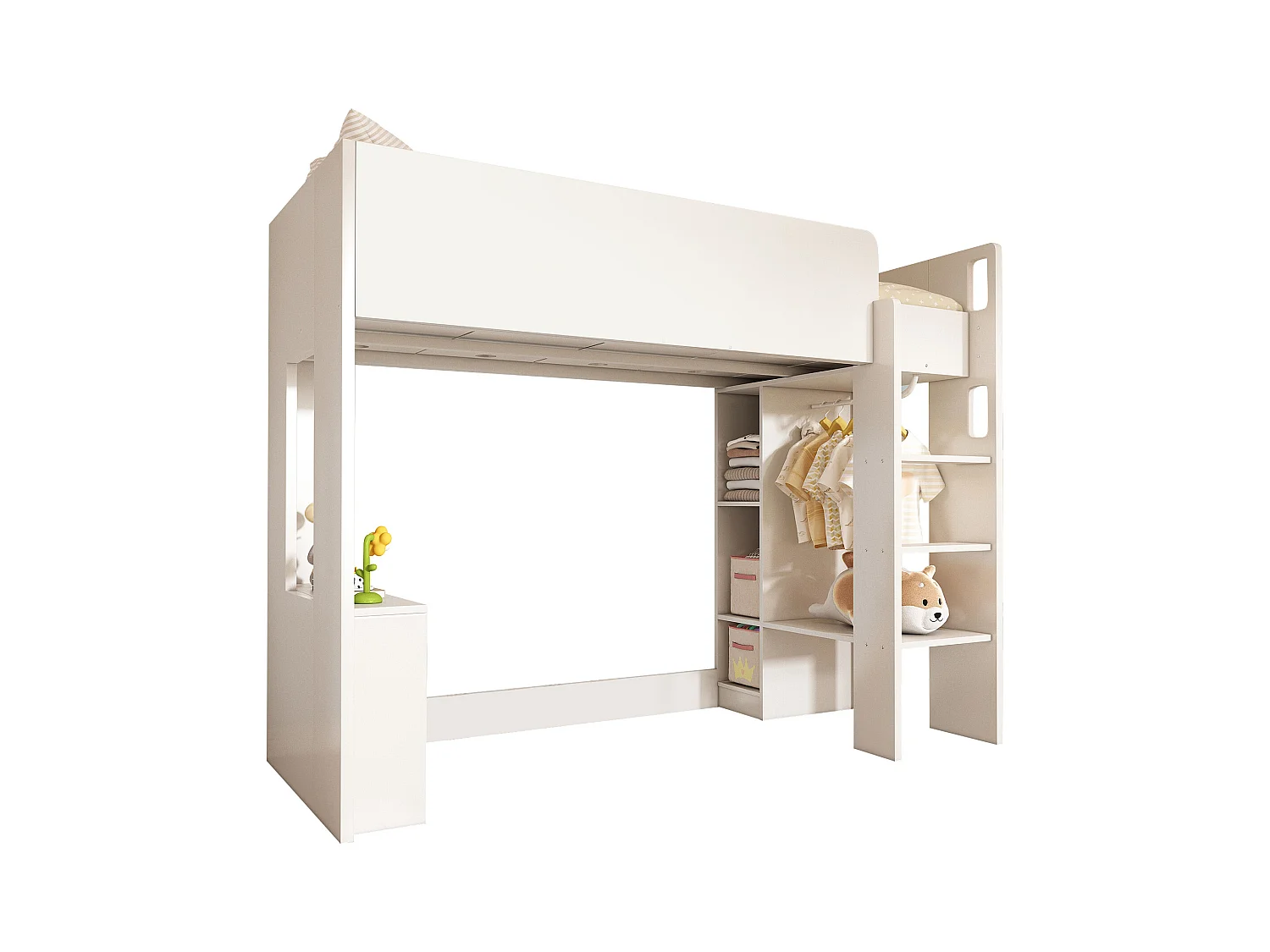 Tussenbed van 90x200 cm voor kinderen - met kledingkast, open planken en trap - Wit