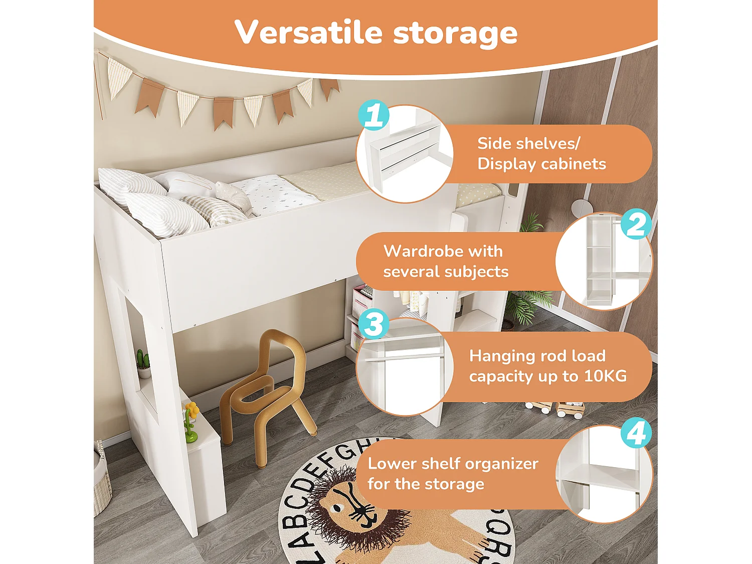 Tussenbed van 90x200 cm voor kinderen - met kledingkast, open planken en trap - Wit