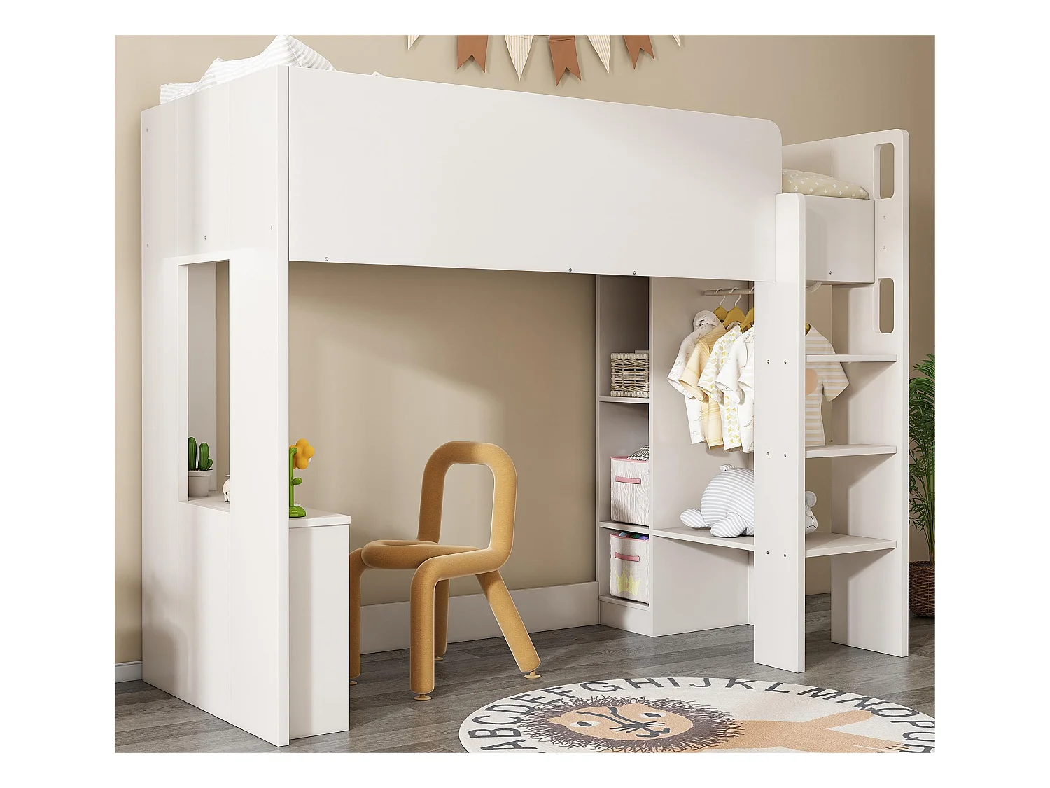 Lit mezzanine 90x200 cm pour enfant - avec armoire, étagères ouverts et escalier - Blanc