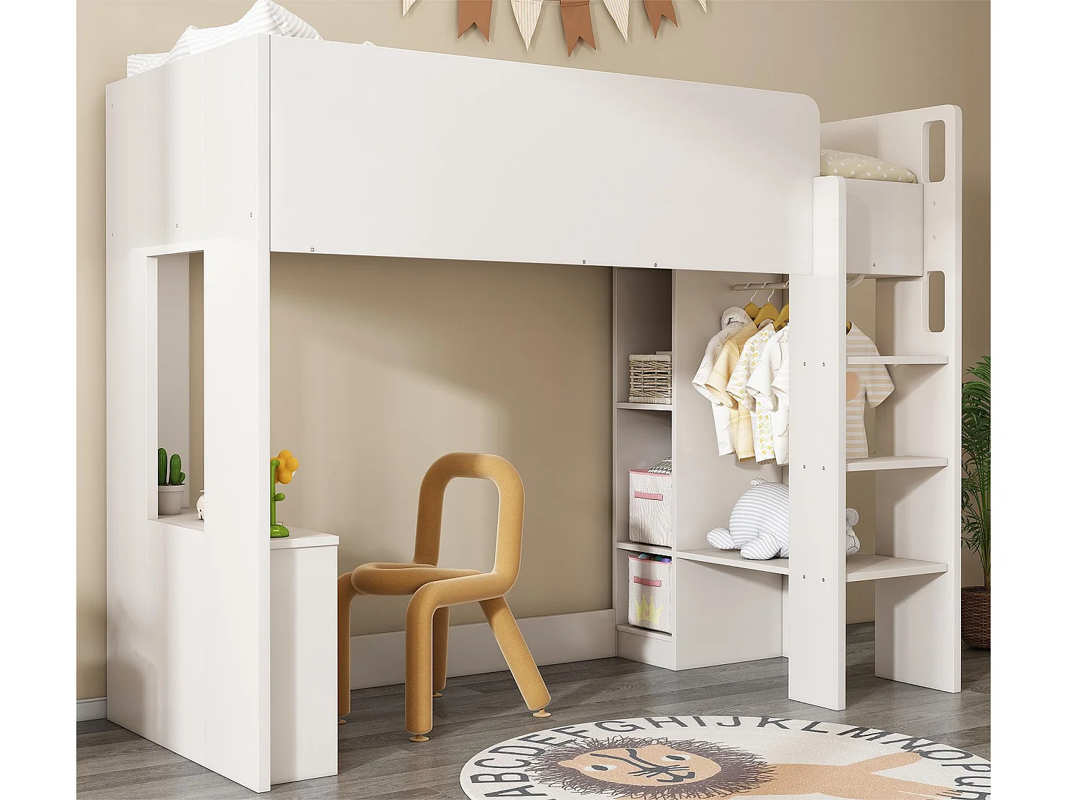 Lit mezzanine 90x200 cm pour enfant - avec armoire, étagères ouverts et escalier - Blanc