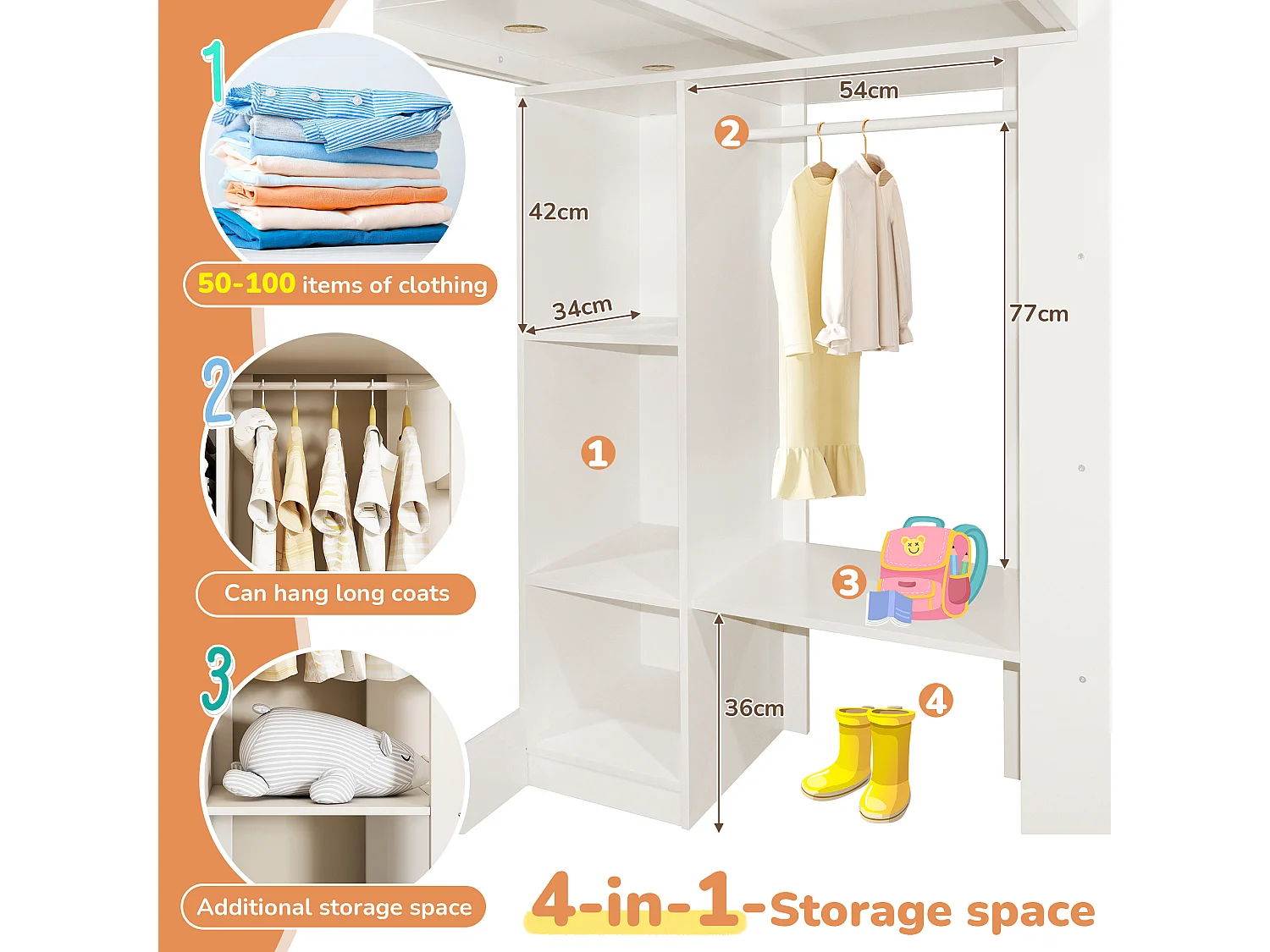 Lit mezzanine 90x200 cm pour enfant - avec armoire, étagères ouverts et escalier - Blanc