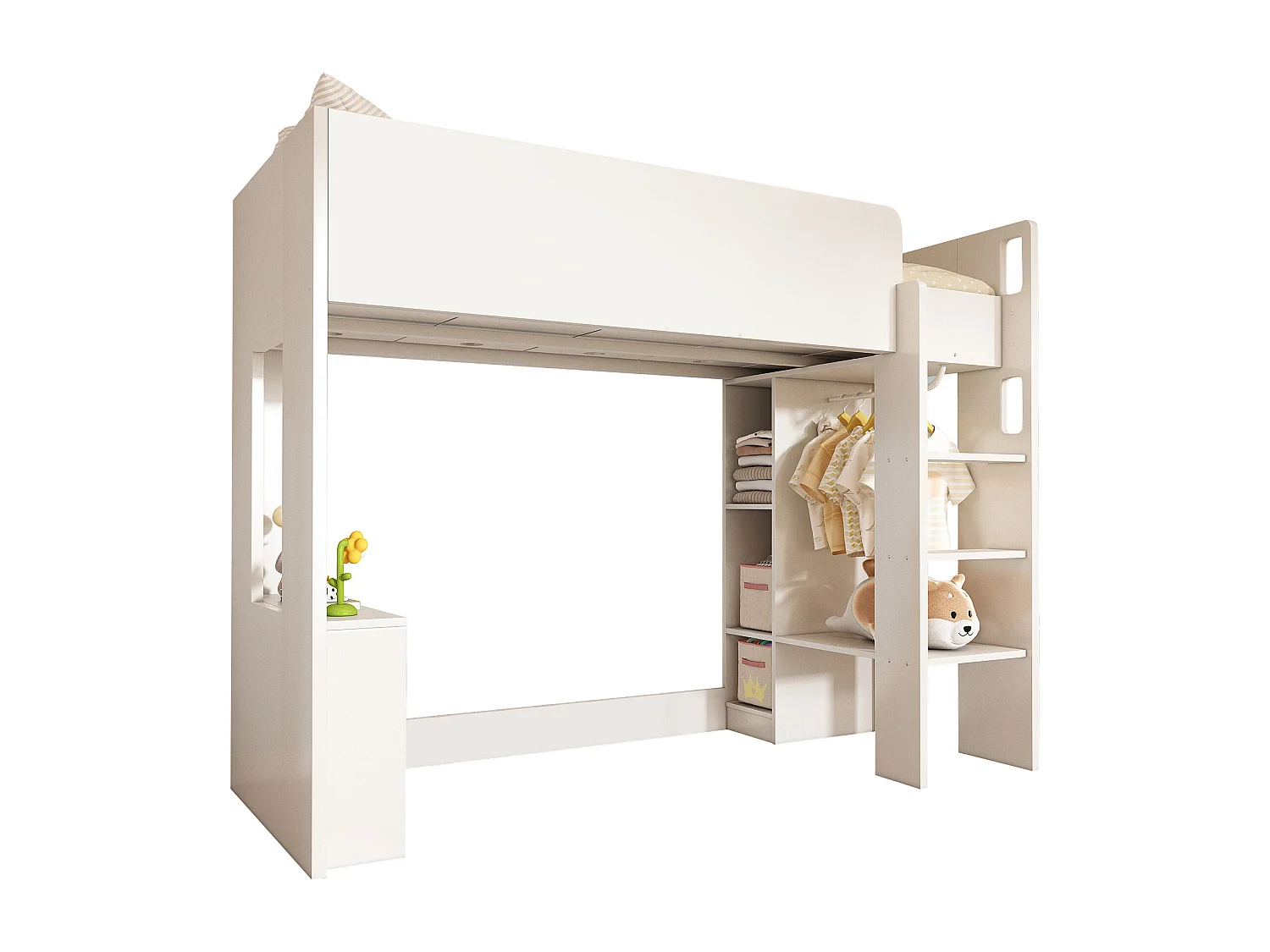 Lit mezzanine 90x200 cm pour enfant - avec armoire, étagères ouverts et escalier - Blanc