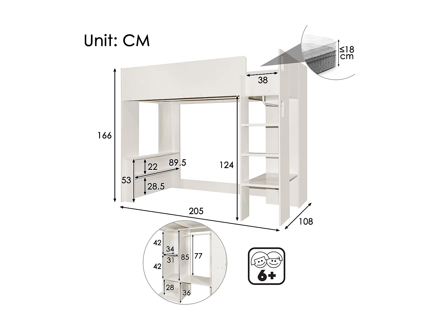 Lit mezzanine 90x200 cm pour enfant - avec armoire, étagères ouverts et escalier - Blanc