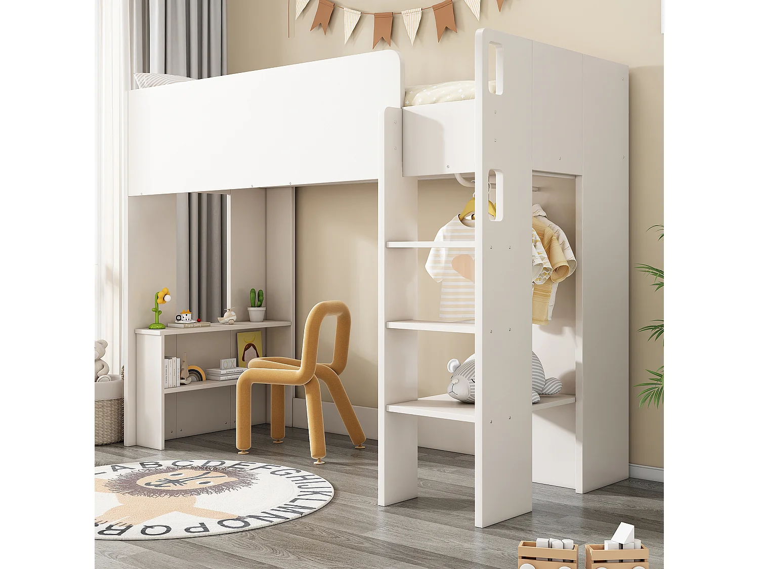 Lit mezzanine 90x200 cm pour enfant - avec armoire, étagères ouverts et escalier - Blanc