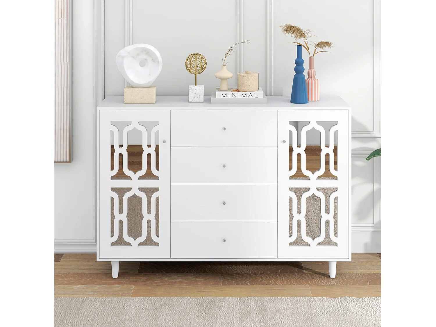 Buffet 147.5x40x102cm, avec 2 portes et 4 tiroirs, porte avec verre pour salon, salle à manger, blanc