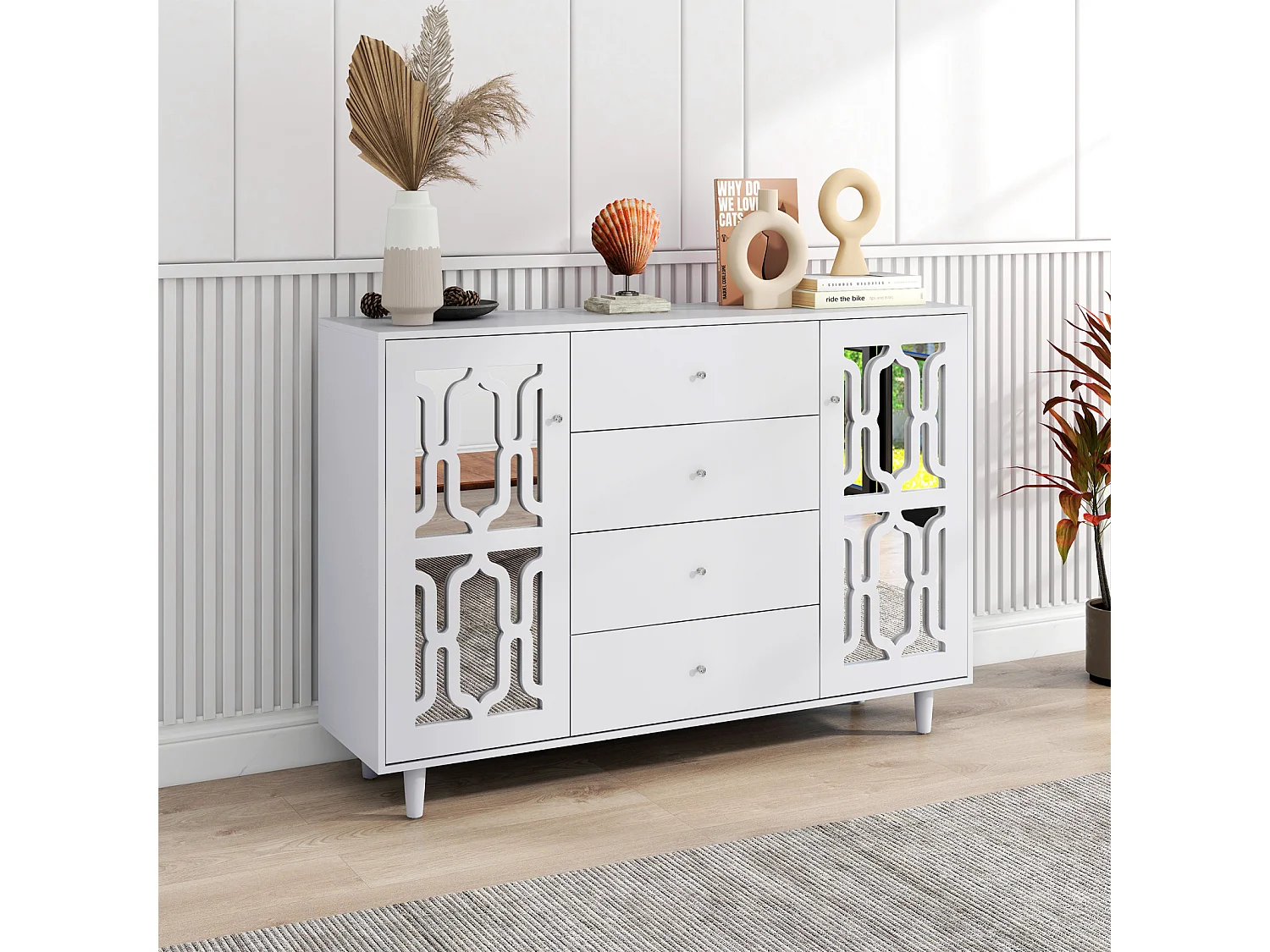 Buffet 147.5x40x102cm, avec 2 portes et 4 tiroirs, porte avec verre pour salon, salle à manger, blanc