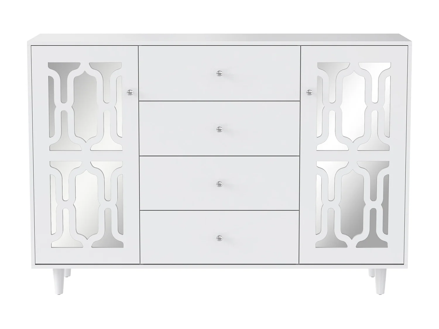 Buffet 147.5x40x102cm, avec 2 portes et 4 tiroirs, porte avec verre pour salon, salle à manger, blanc