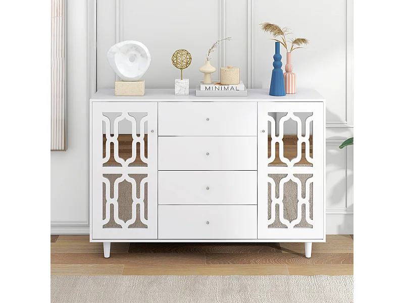 Buffet 147.5x40x102cm, avec 2 portes et 4 tiroirs, porte avec verre pour salon, salle à manger, blanc