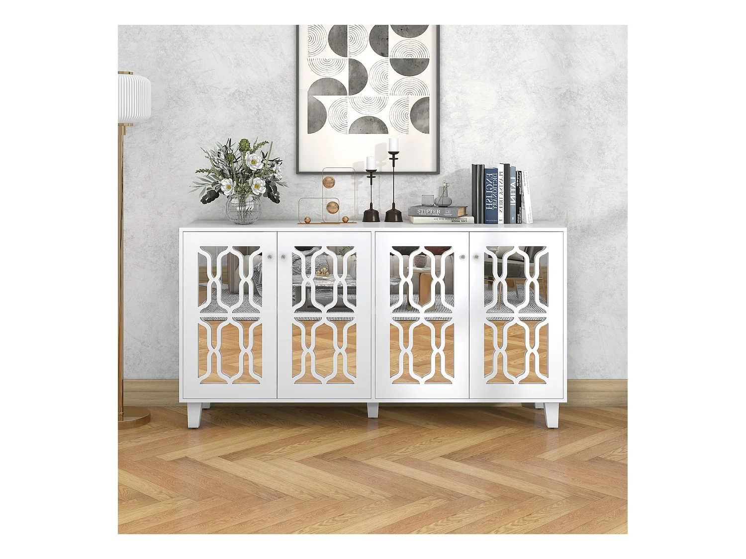 Buffet 160x40x81cm, avec 4 portes à miroir, stratifié mobile, poignées en cristal froid, pour salon et salle à manger, blanc