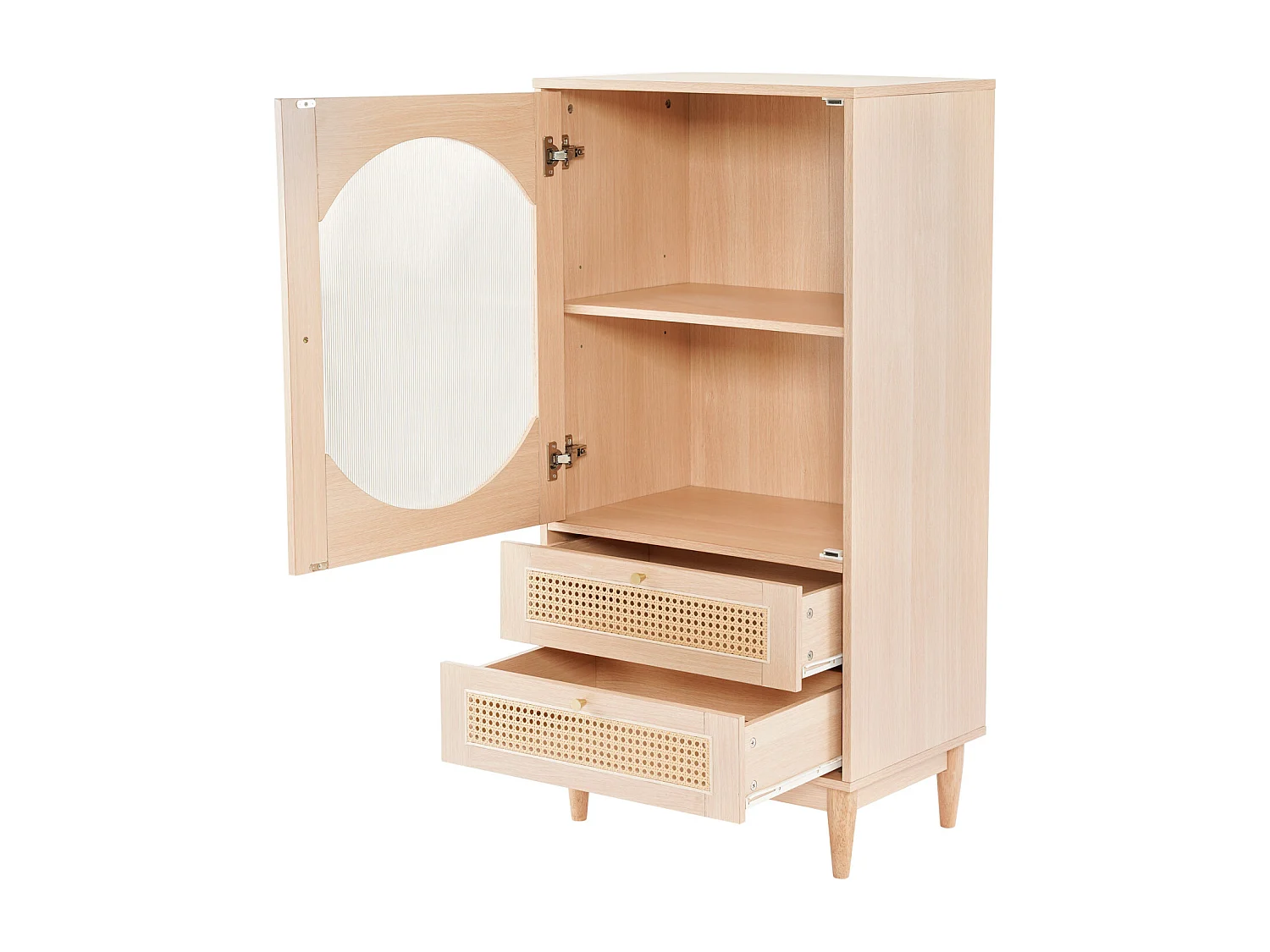 Buffet haut 60x40x120cm, avec 1 porte en acrylique transparent, 2 tiroirs en rotin, élégante, chêne
