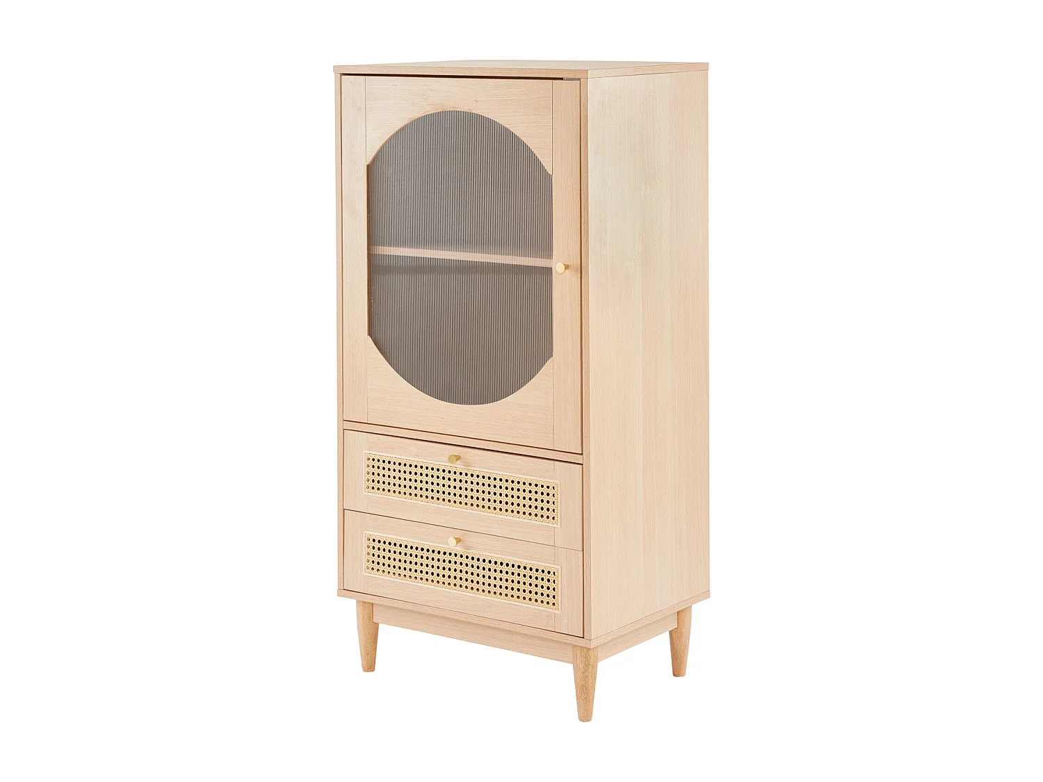 Buffet haut 60x40x120cm, avec 1 porte en acrylique transparent, 2 tiroirs en rotin, élégante, chêne