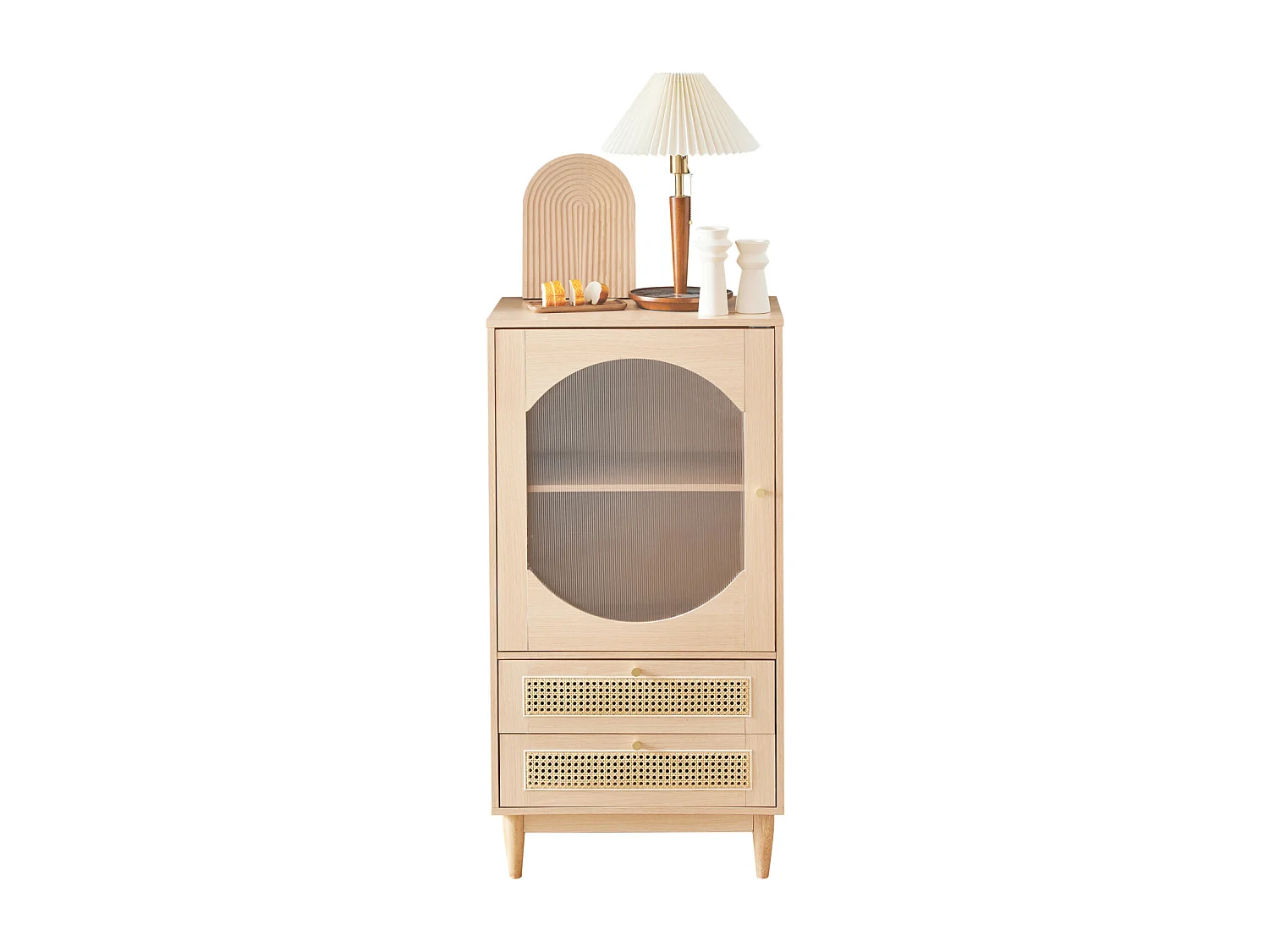 Buffet haut 60x40x120cm, avec 1 porte en acrylique transparent, 2 tiroirs en rotin, élégante, chêne