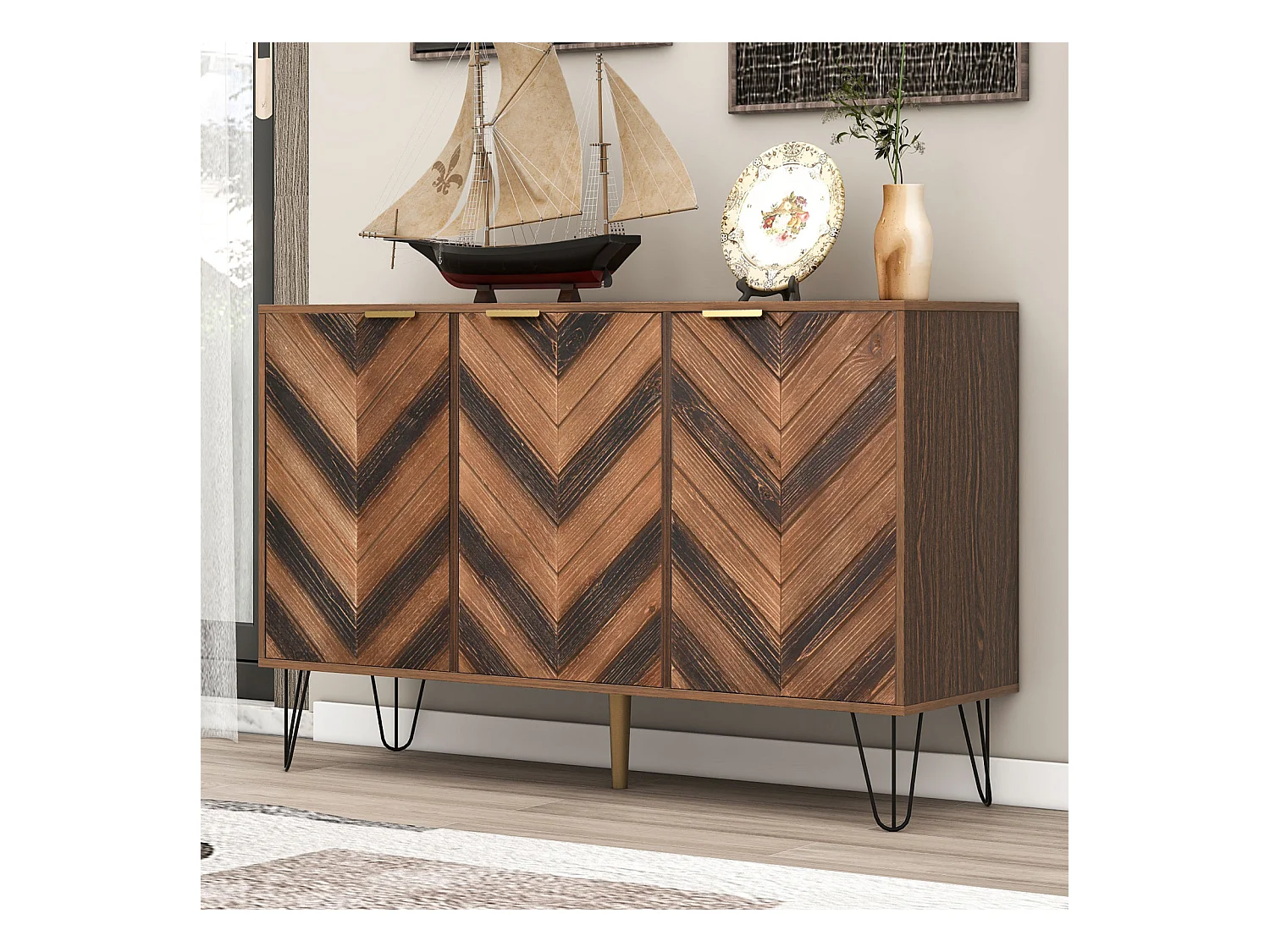 Buffet avec 3 portes - stylés et espace de rangement généreux - Petite armoire couleur bois+noir 120x76.5x38 cm