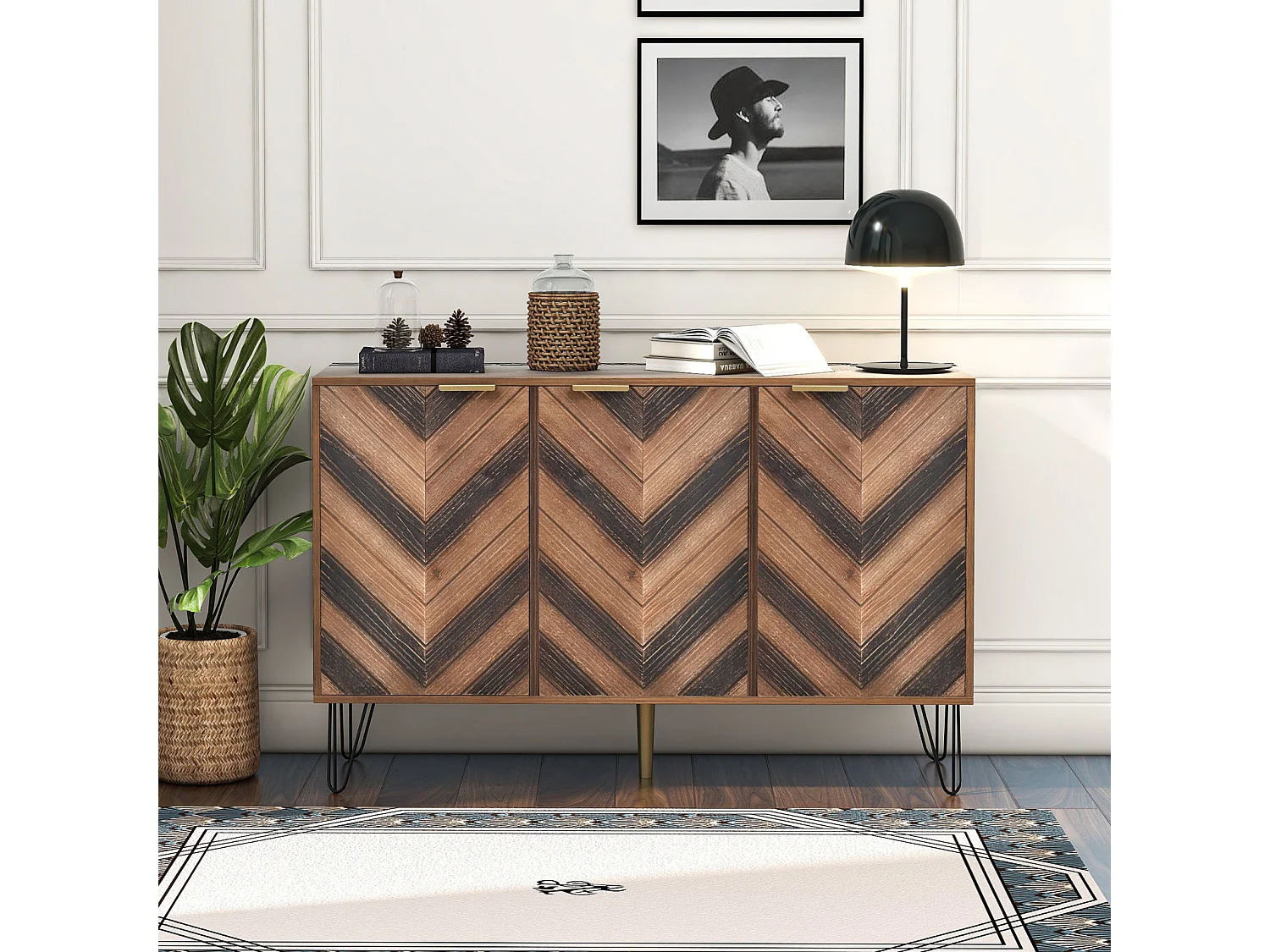 Credenza con 3 ante - elegante e con ampio spazio di archiviazione - Mobiletto color legno + nero 120x76,5x38 cm