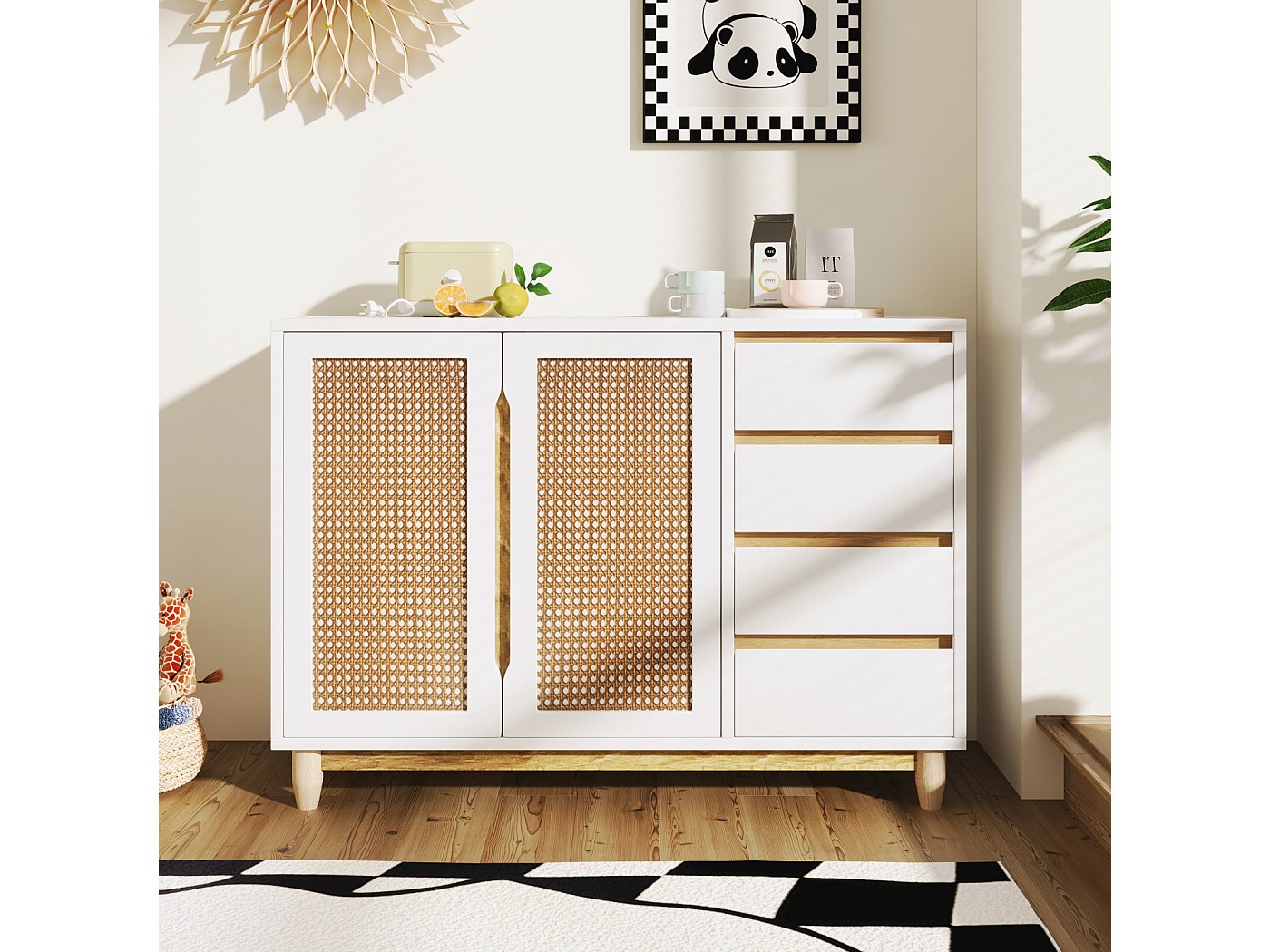 Credenza In Rattan Con 2 Ante E Cassetti – Mobile Da Cucina 80x40x89 Cm, Mensola Regolabile, Stile Moderno Per Soggiorno O Corridoio