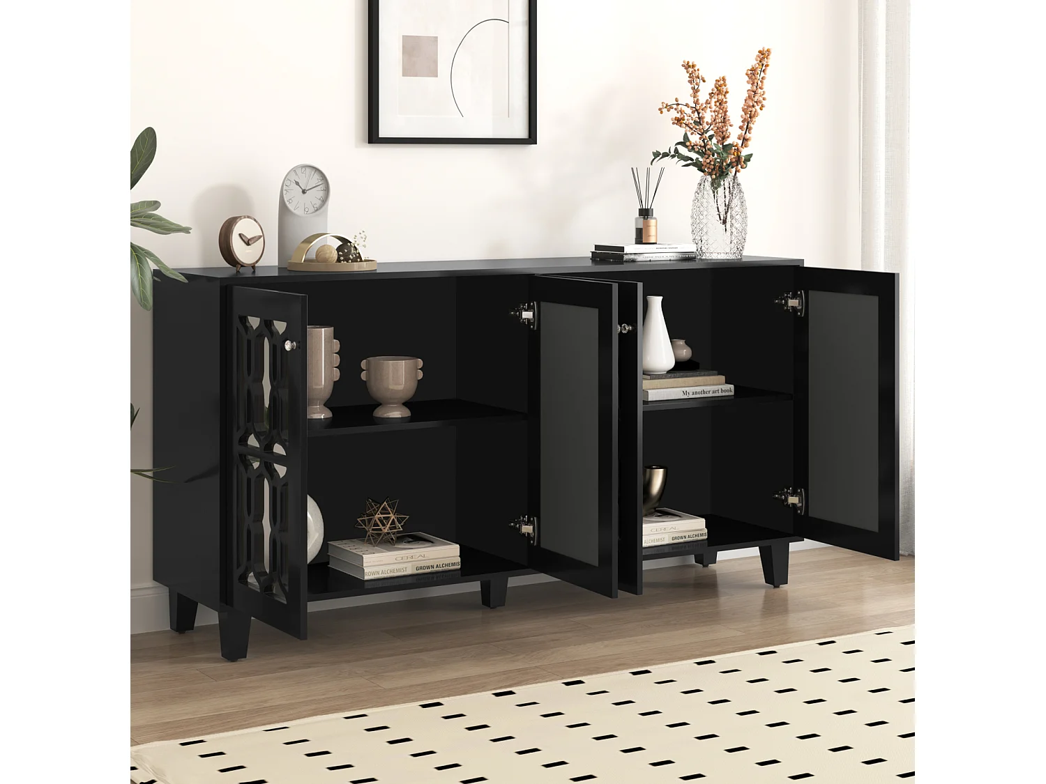 Aparador 160x40x81cm, con 4 puertas de espejo, laminado móvil, tiradores de cristal frío, para salón y comedor, color negro