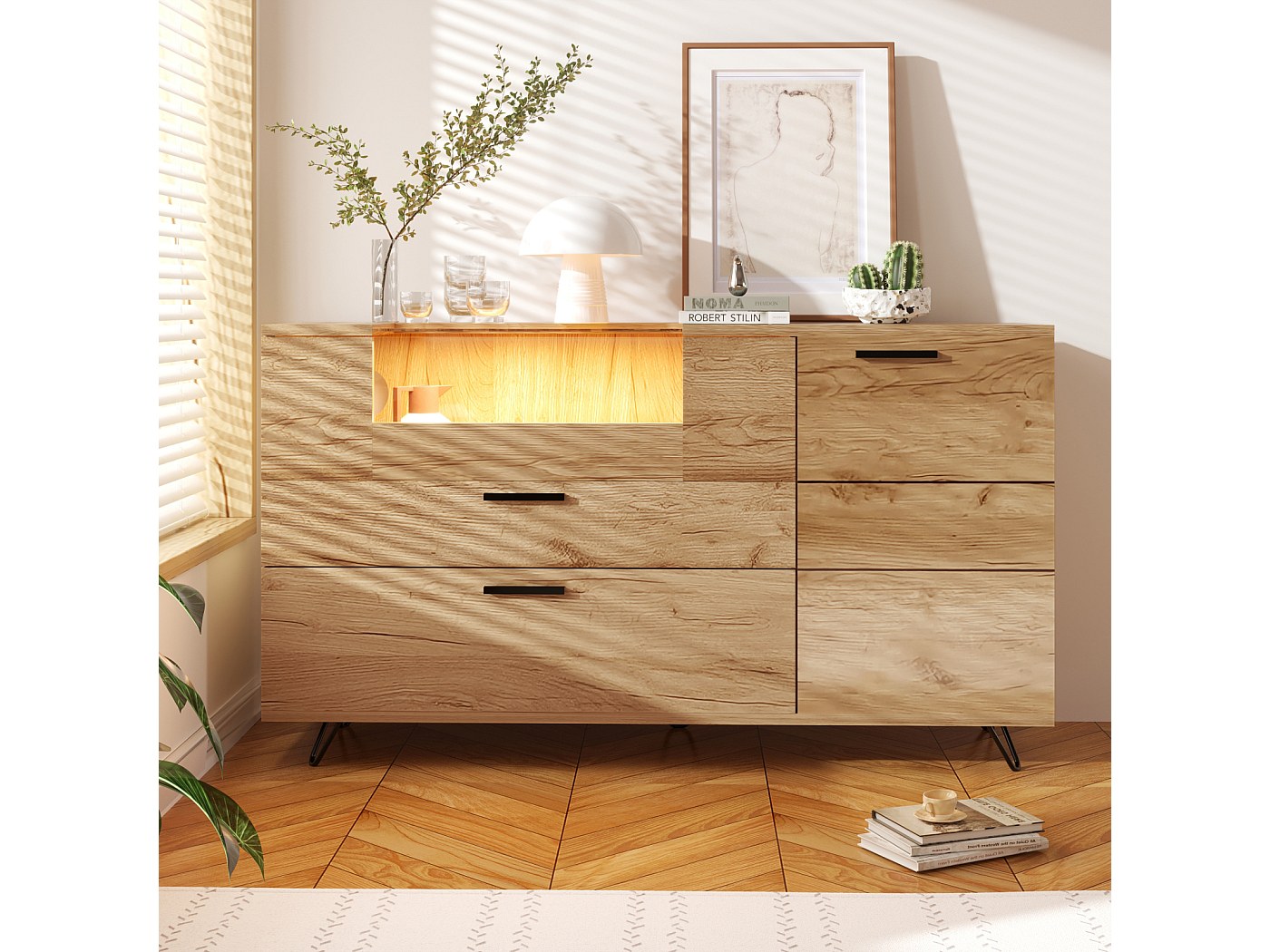 Buffet Moderne Marbre Noir 150x35x89.5cm - 4 Tiroirs + Niche LED - Meuble Rangement Cuisine Salon