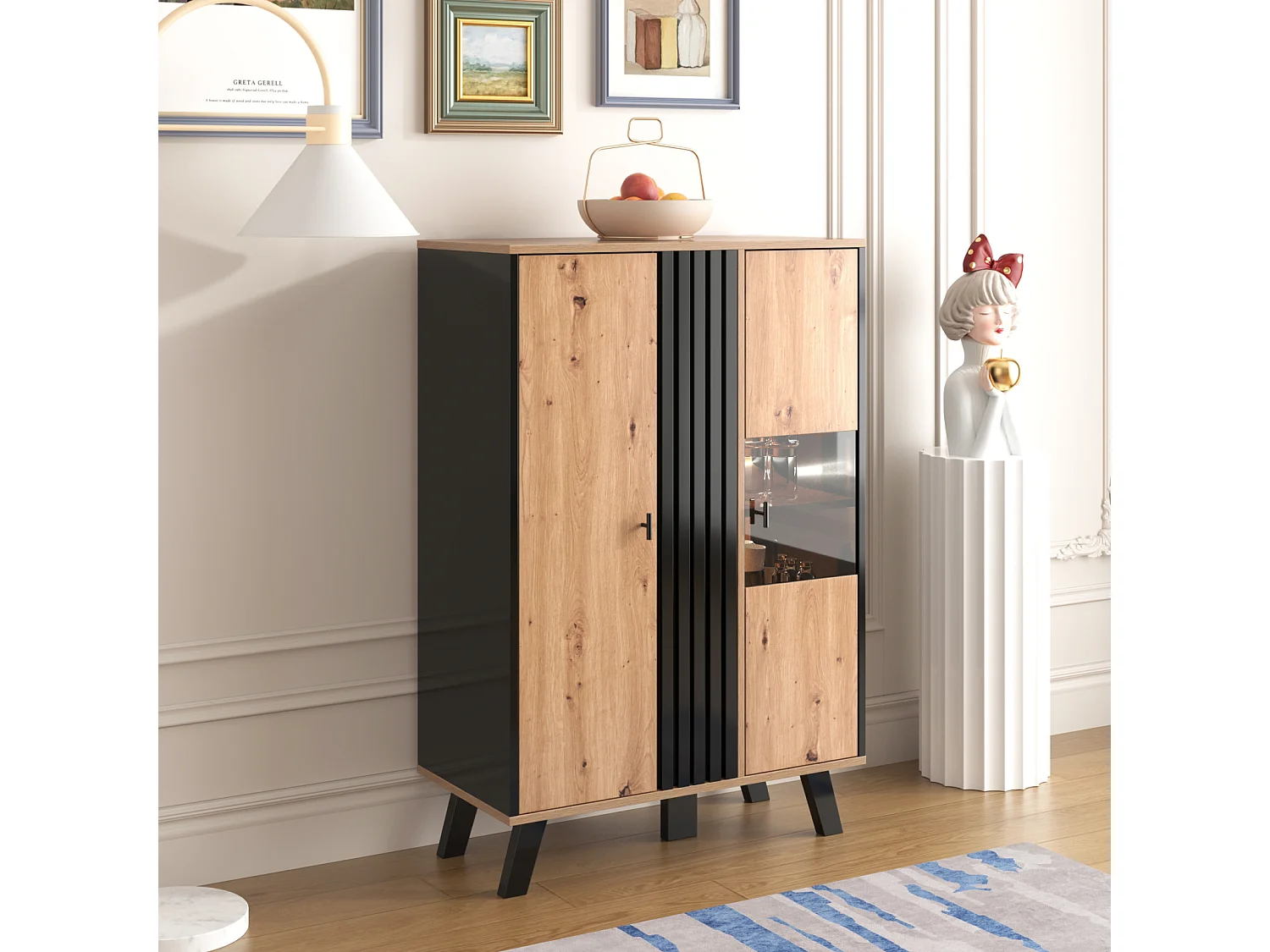 Sideboard 80x120x40 (cm), mit Glas und LED-Beleuchtung, einzigartiges schwarzes Holzstreifendesign, Farbkombination Schwarz und Holz