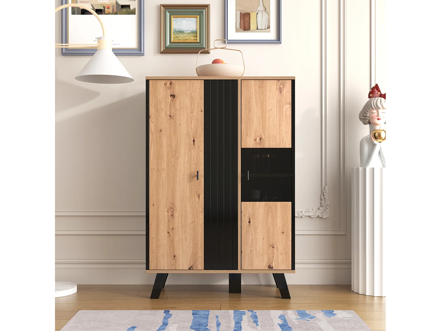 Sideboard 80x120x40 (cm), mit Glas und LED-Beleuchtung, einzigartiges schwarzes Holzstreifendesign, Farbkombination Schwarz und Holz