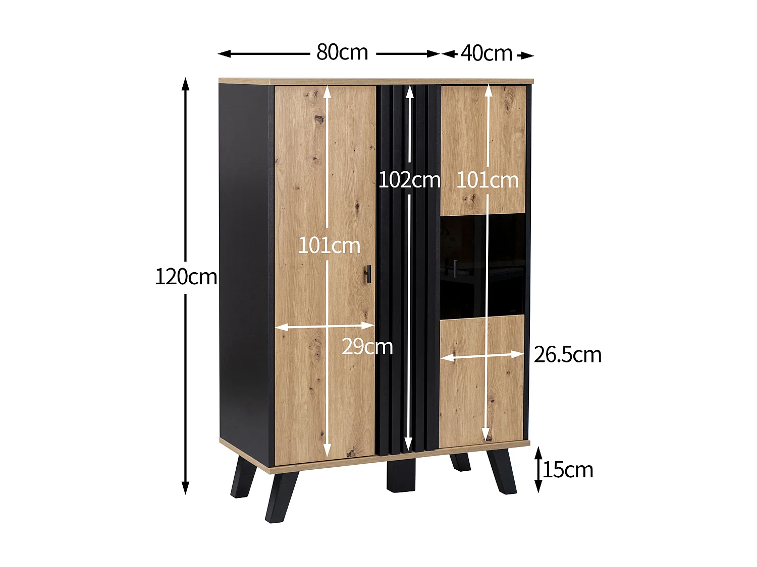Sideboard 80x120x40 (cm), mit Glas und LED-Beleuchtung, einzigartiges schwarzes Holzstreifendesign, Farbkombination Schwarz und Holz