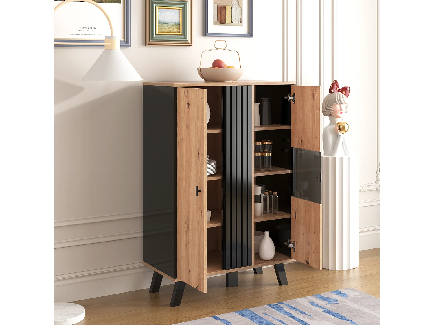 Sideboard 80x120x40 (cm), mit Glas und LED-Beleuchtung, einzigartiges schwarzes Holzstreifendesign, Farbkombination Schwarz und Holz