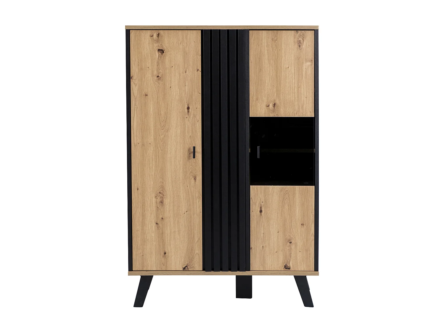 Sideboard 80x120x40 (cm), mit Glas und LED-Beleuchtung, einzigartiges schwarzes Holzstreifendesign, Farbkombination Schwarz und Holz