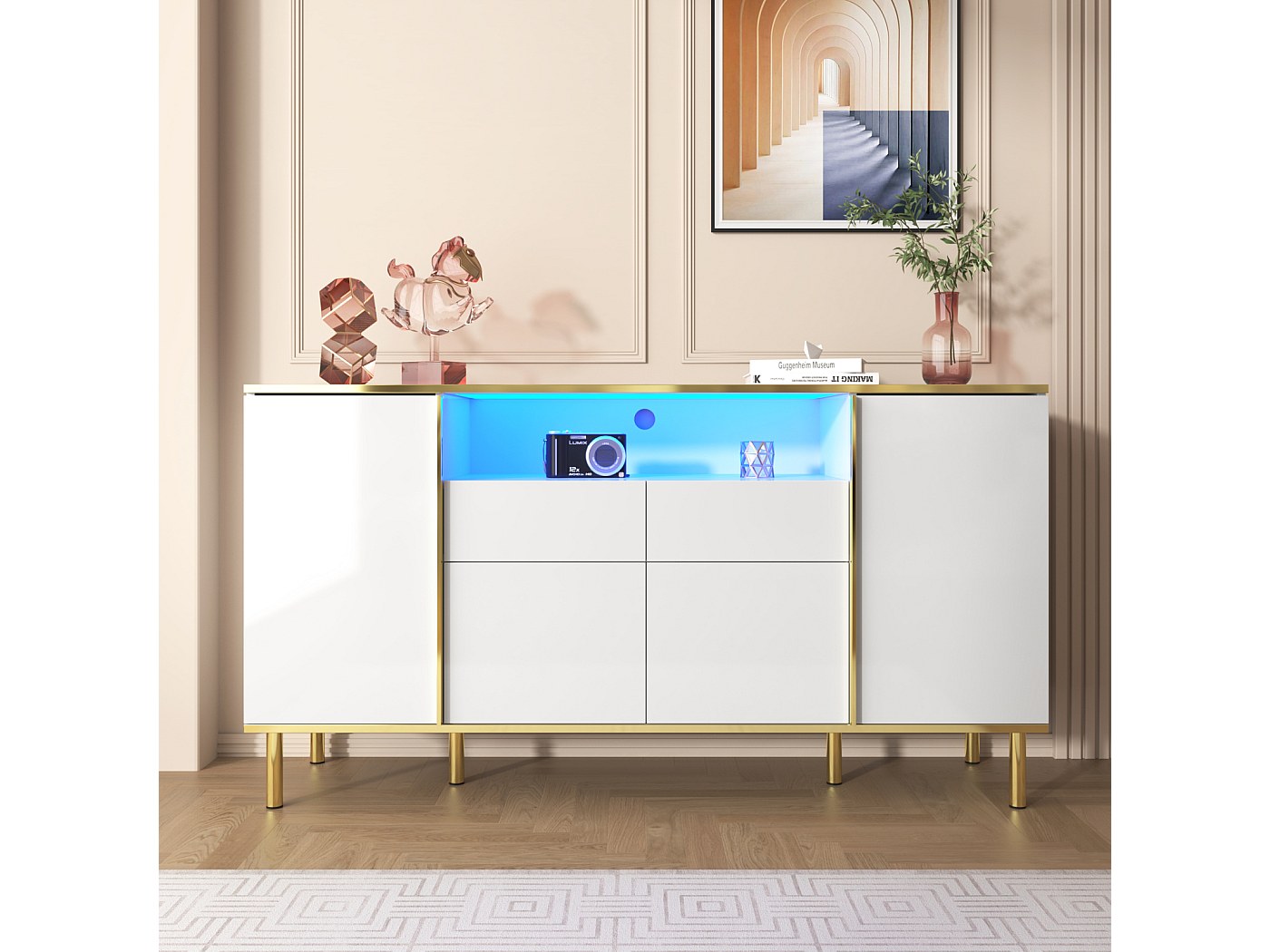 Modern Simple Credenza 80x140 Cm – Bianco Con Dettagli Oro, Ante A Cupola, Ripiani Regolabili, Cerniere Silenziose