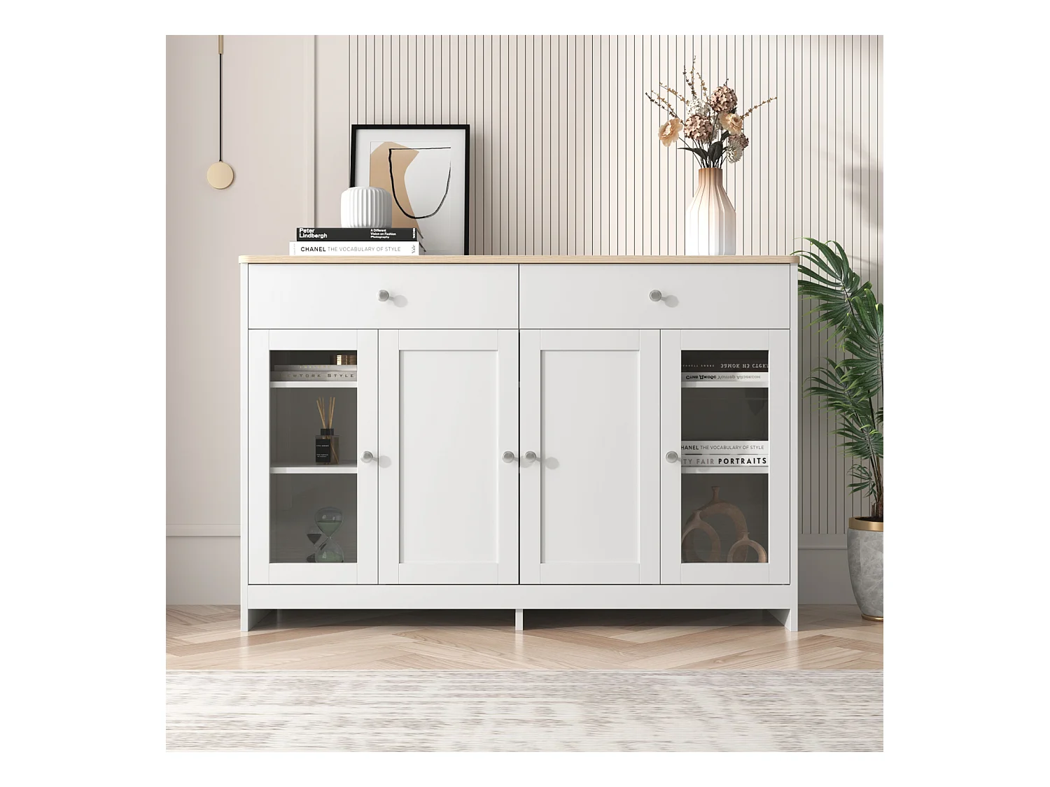 Buffet en bois blanc veiné 120 Lx37 Bx80H(cm) - Buffet avec 4portes avec verre et 2 tiroir pour cuisine, salon, salle à manger - Blanc