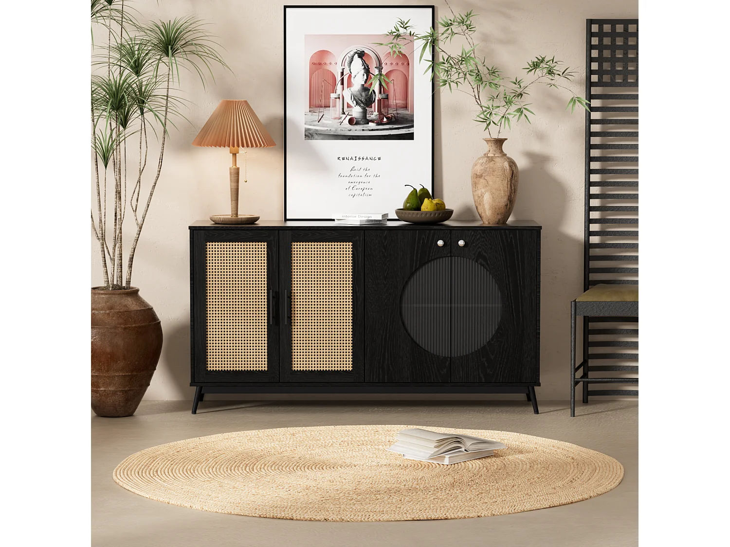 Dressoir 160x40x80cm, met 3 rotan glazen deuren, 2 halfronde deuren, hoge kwaliteit, zwart