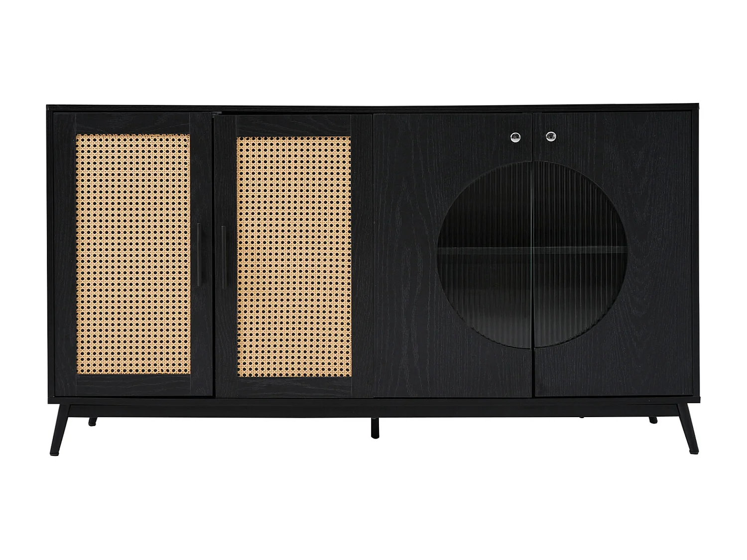 Dressoir 160x40x80cm, met 3 rotan glazen deuren, 2 halfronde deuren, hoge kwaliteit, zwart