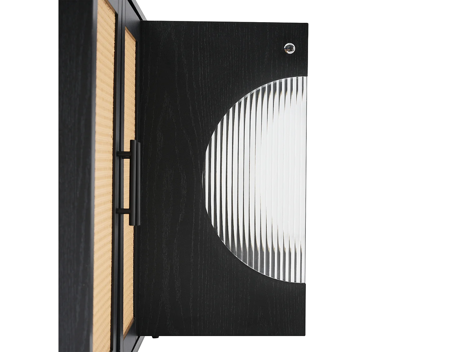 Buffet 160x40x80cm, avec 3 portes en verre en rotin, 2 portes demi-ronde, haute qualité, noir