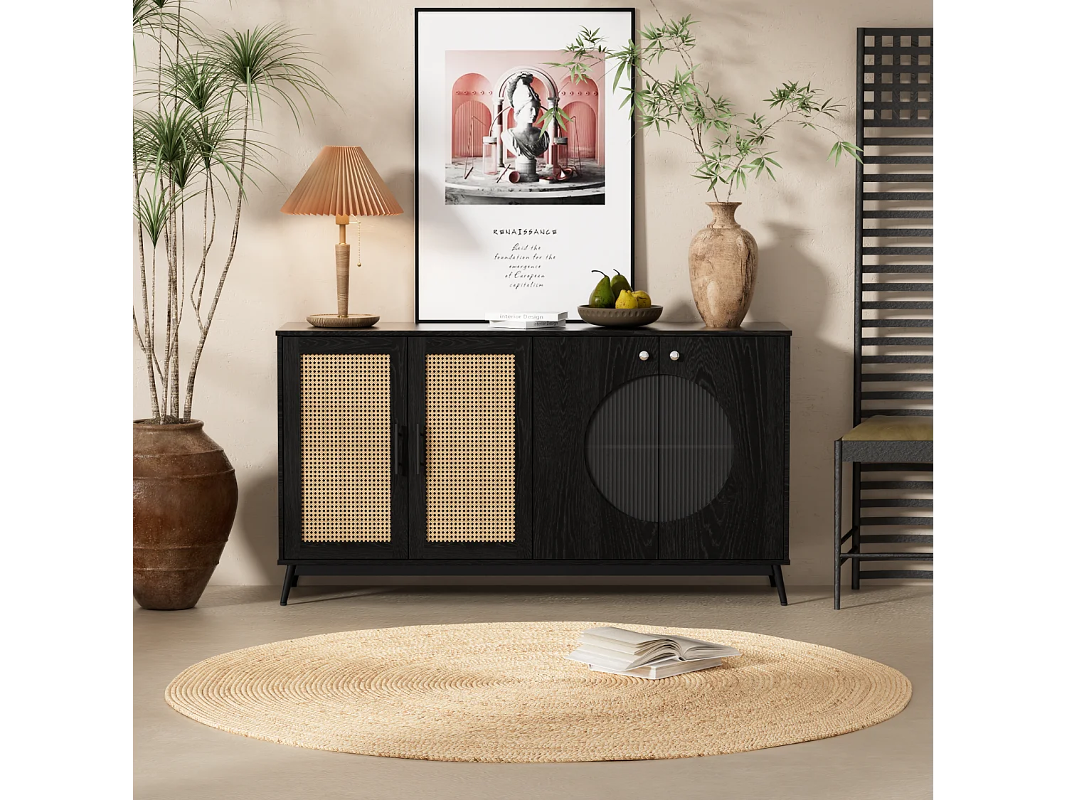 Dressoir 160x40x80cm, met 3 rotan glazen deuren, 2 halfronde deuren, hoge kwaliteit, zwart