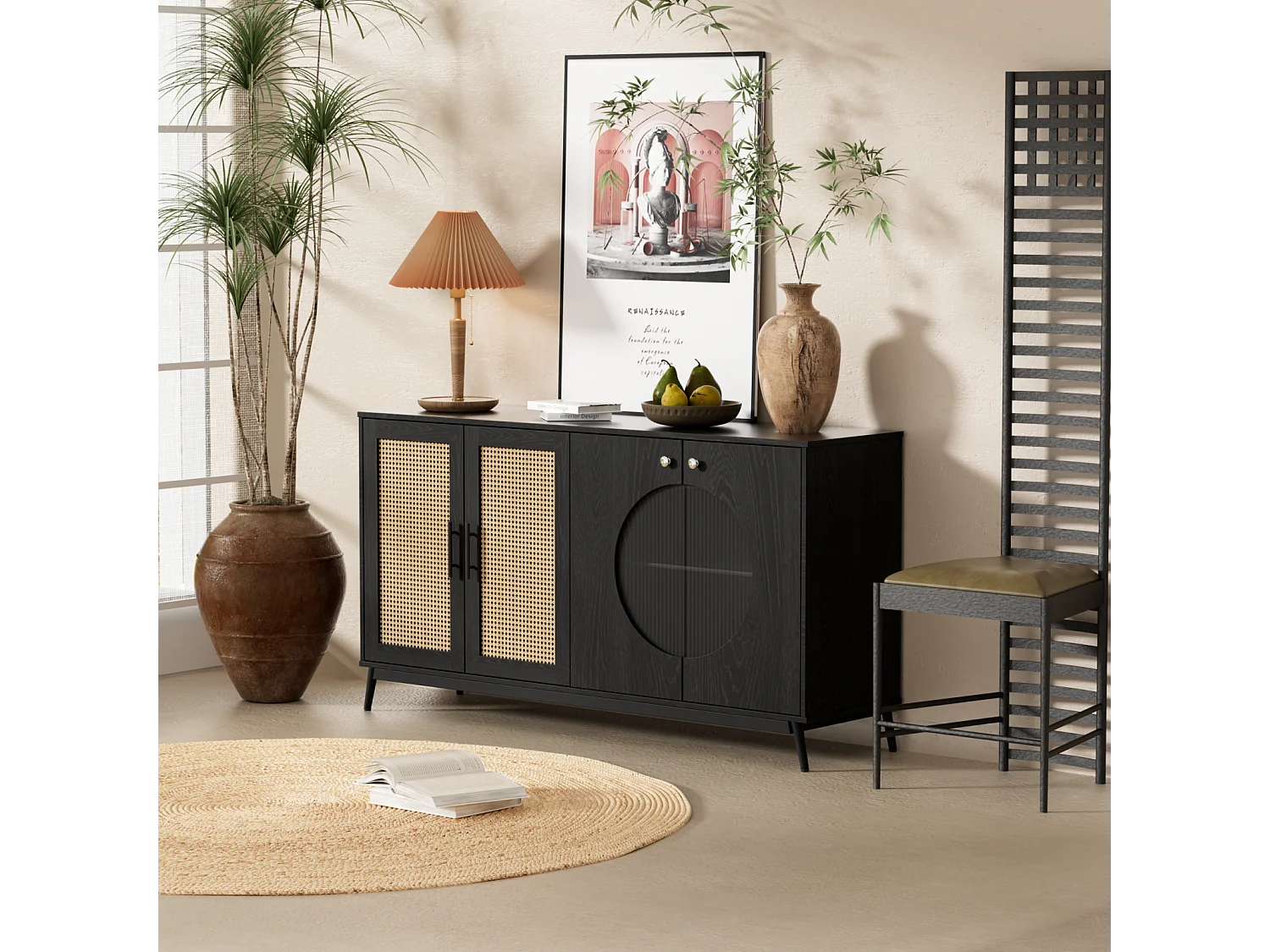 Dressoir 160x40x80cm, met 3 rotan glazen deuren, 2 halfronde deuren, hoge kwaliteit, zwart